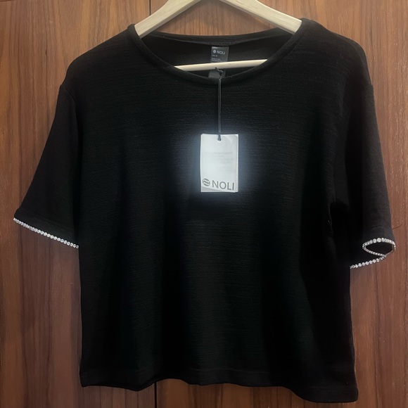 Noli Tops - Noli Black Short Sleeve Top with Rhinestone Sleeve Detail